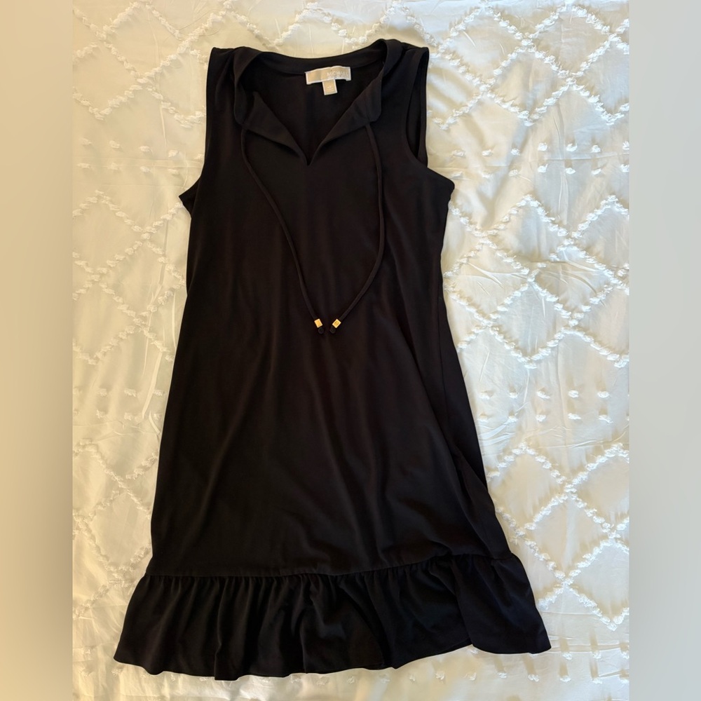 Michael Kors sleeveless black shift dress black tie key neck ruffle at hem XS